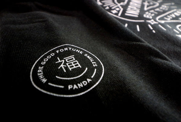 On a Mission Hoodie with Panda "Where Good Fortune Smiles" on sleeve 