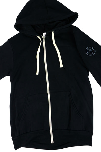 On a Mission Hoodie is Black with White zipper and drawstring